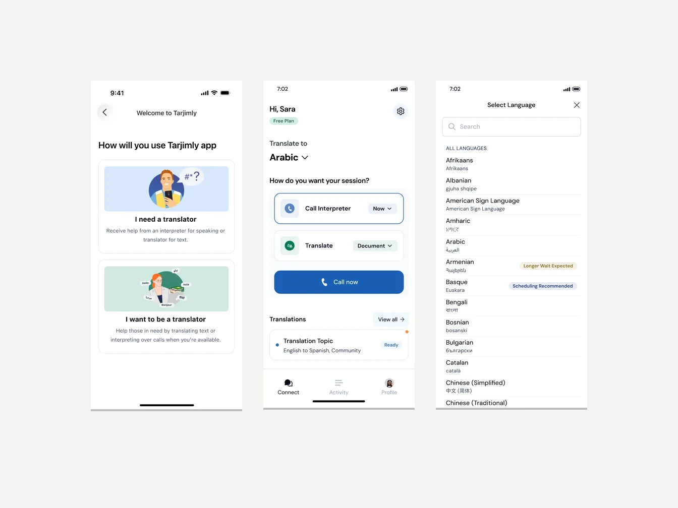 Tarjimly design system shown across mobile product screens