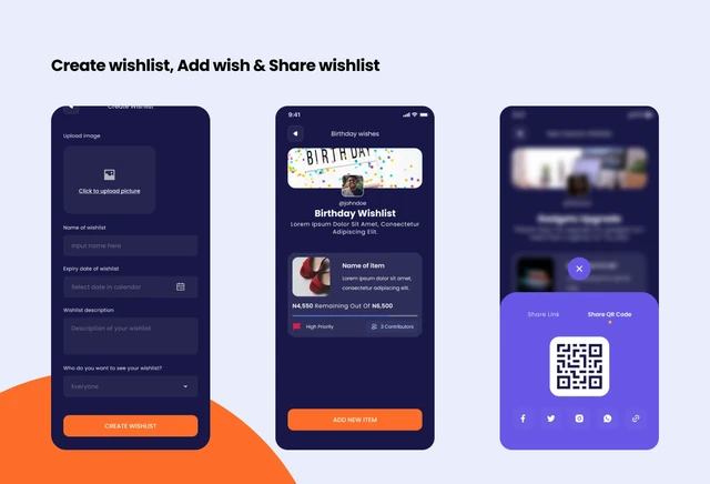 Giftie — Creating a wishlist, adding a wish and sharing its QR code