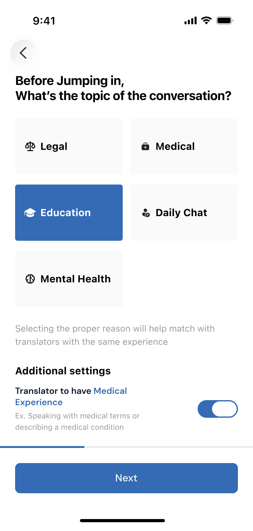 Tarjimly topic-selection screen