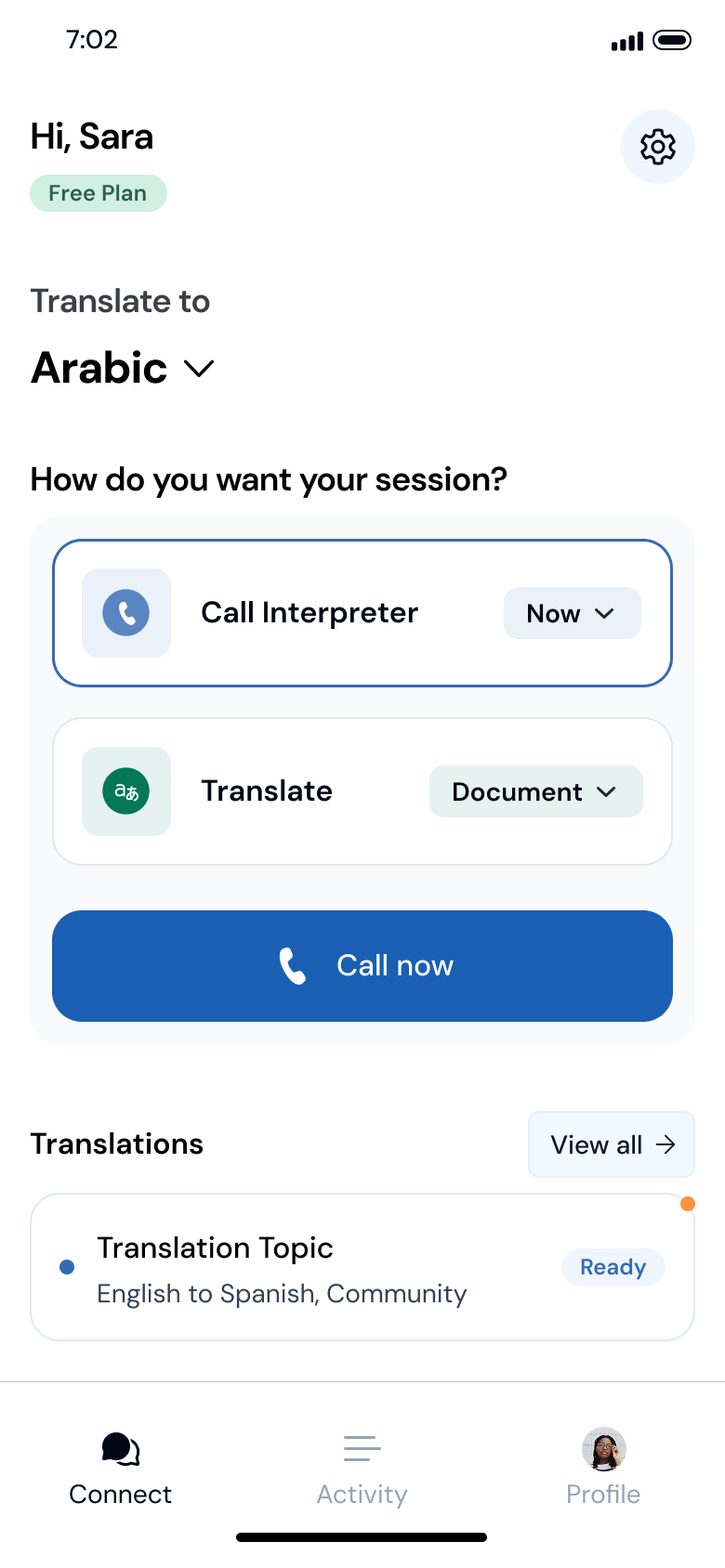 Tarjimly mobile home with Call Interpreter selected