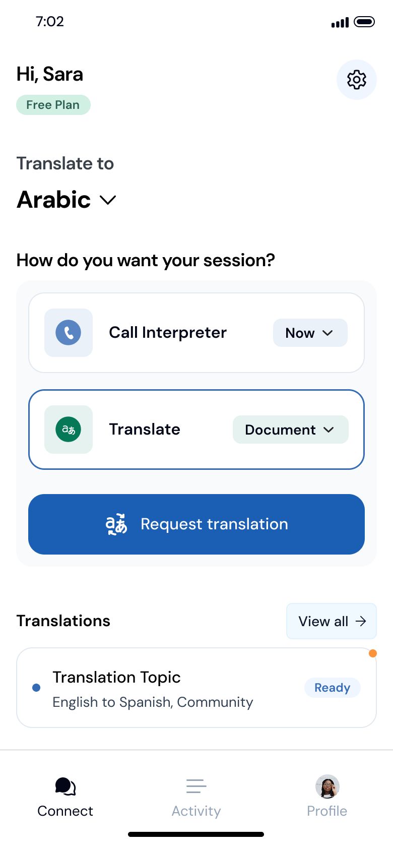 Tarjimly mobile home with Translate selected