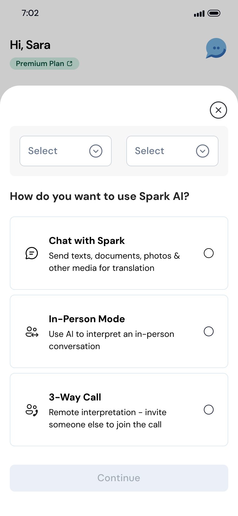 Tarjimly Spark mode-selection screen