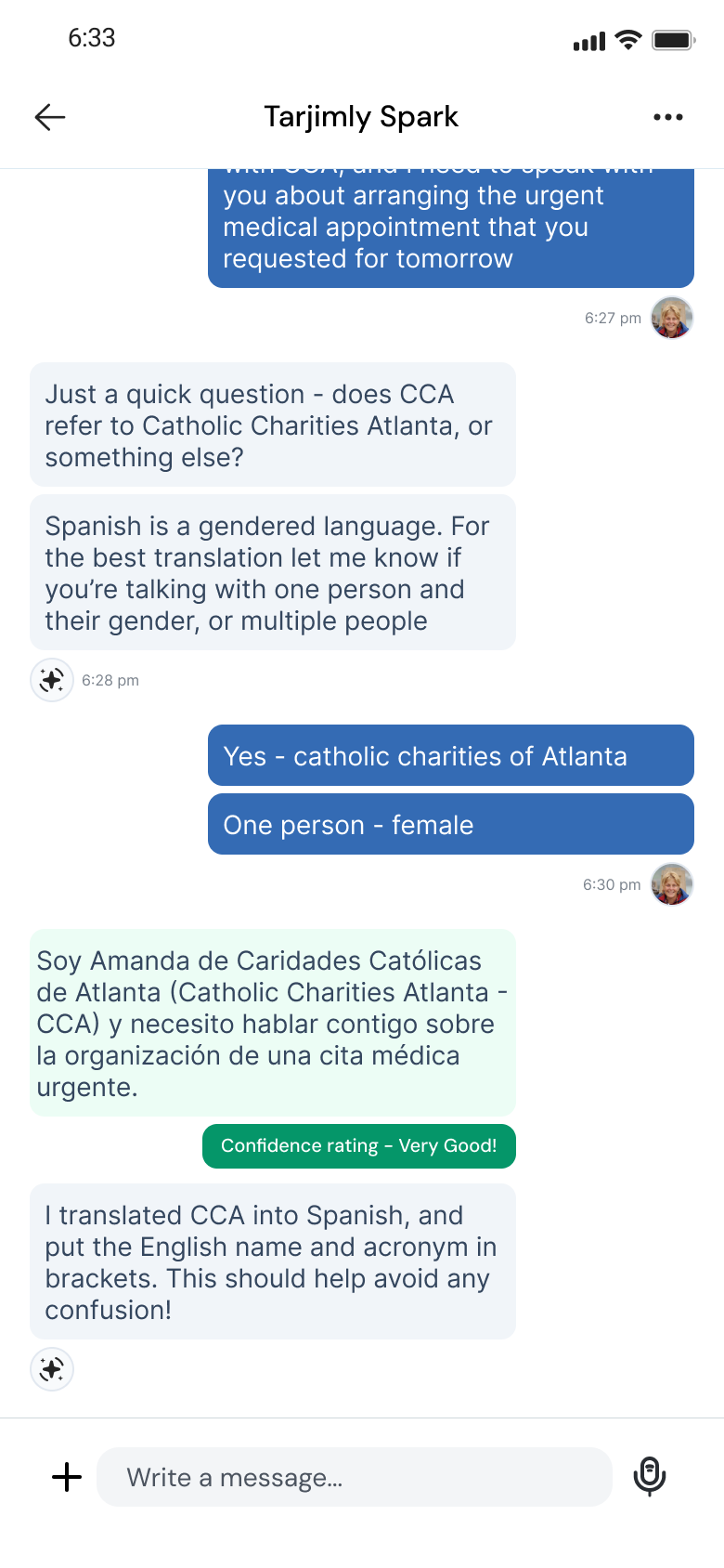 Tarjimly Spark clarification conversation