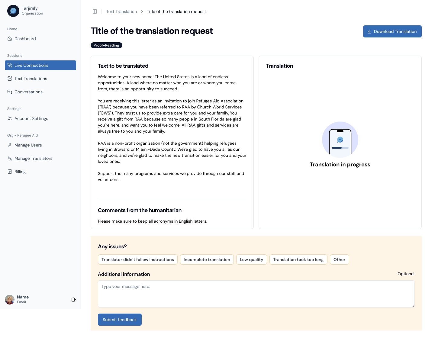 Tarjimly Web translation workspace