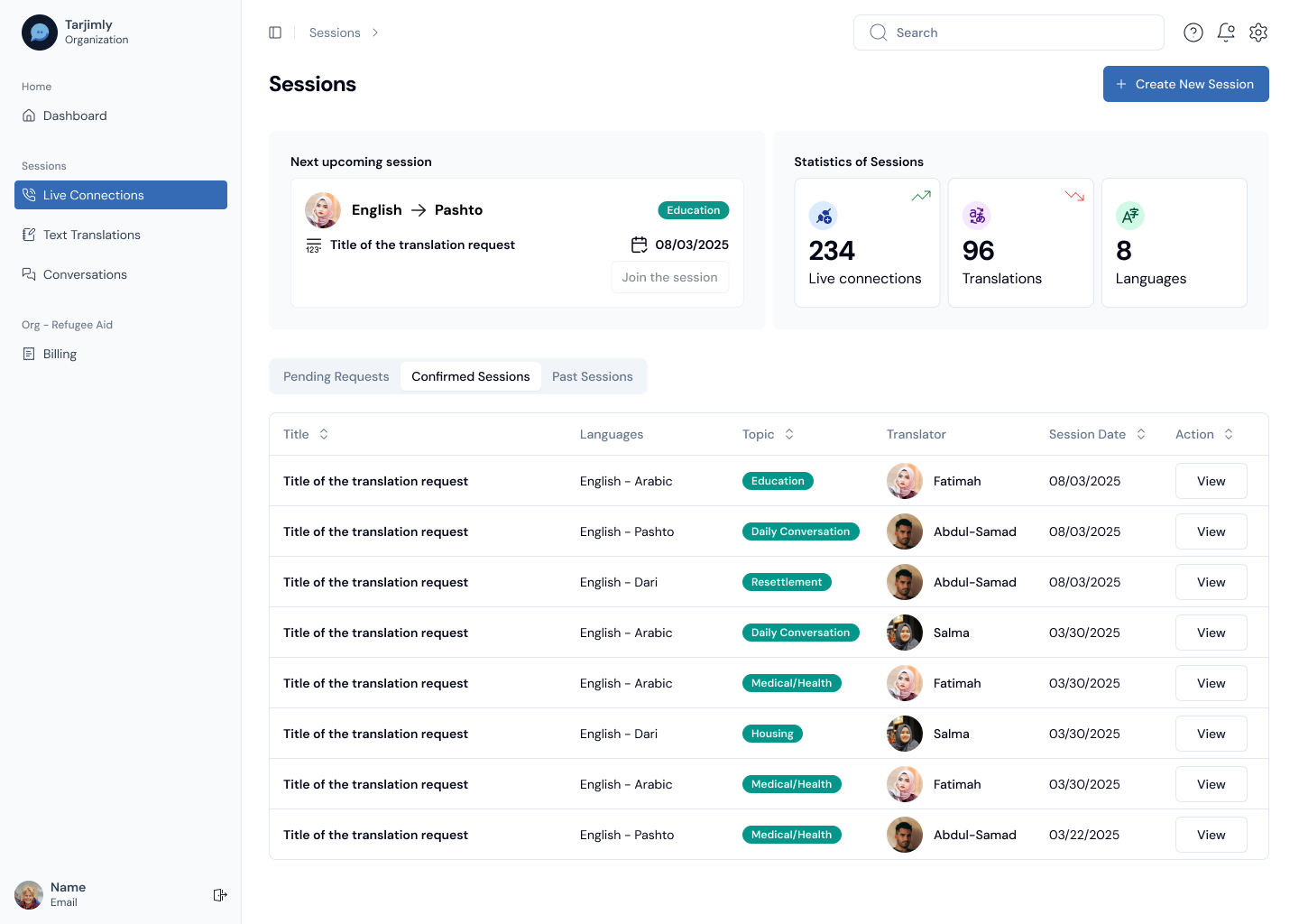 Tarjimly Web sessions dashboard