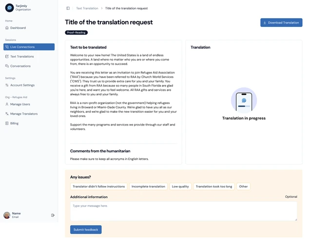Tarjimly translation workspace showing source text, translation status and feedback